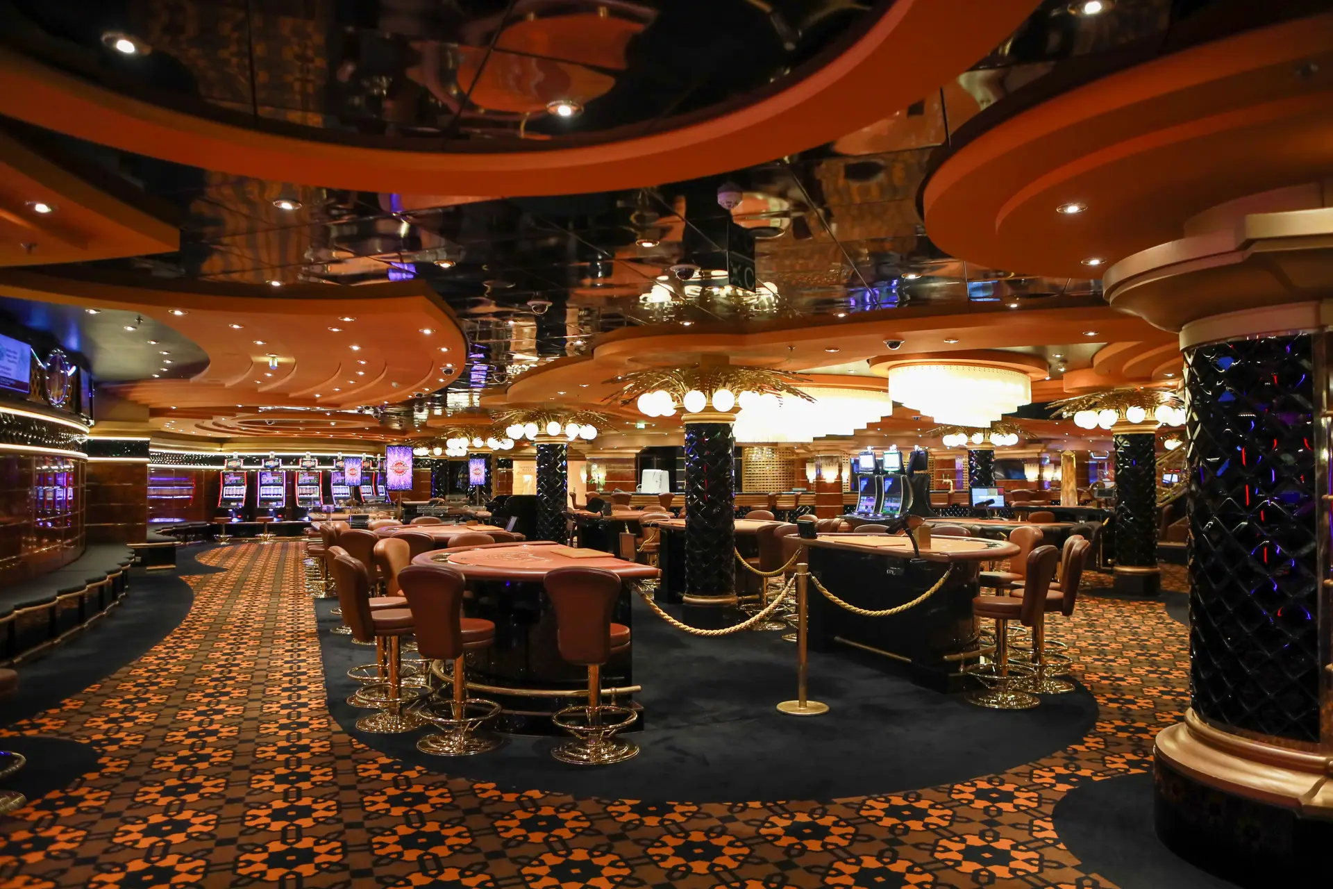 Modern electronic gaming machines in a comfortable lounge setting
